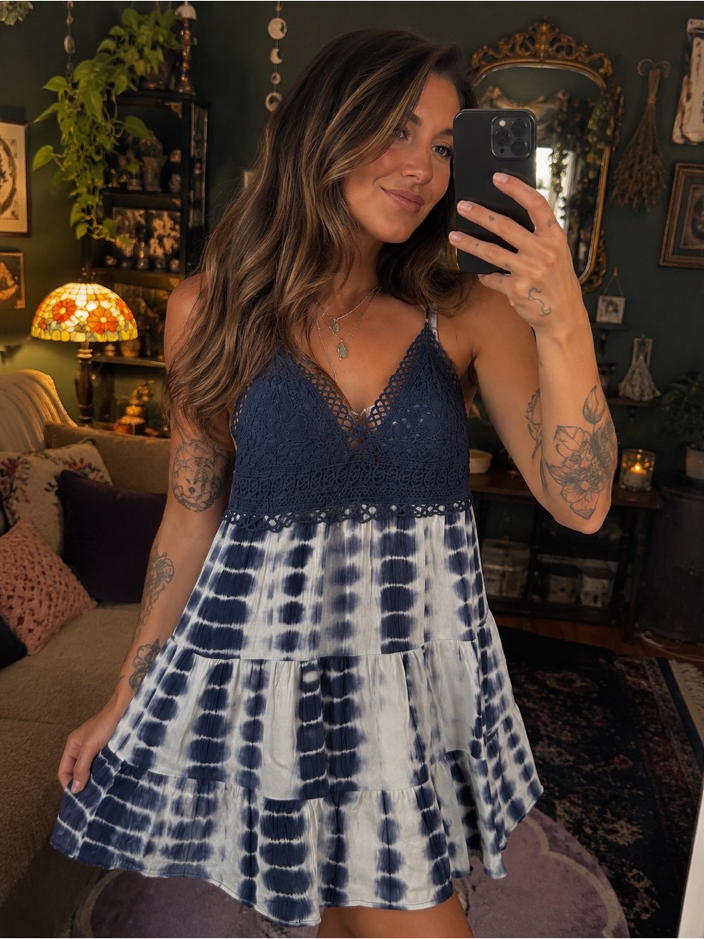 Navy Crochet Bodice Tie-Dye Mini Dress